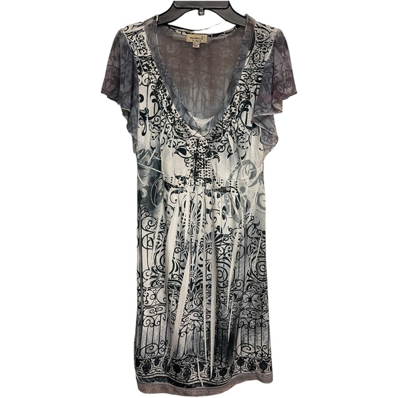 ONE WORLD Dress Knee Length Black White Gray Studded Mesh Flutter Sleeve Small - Picture 1 of 10